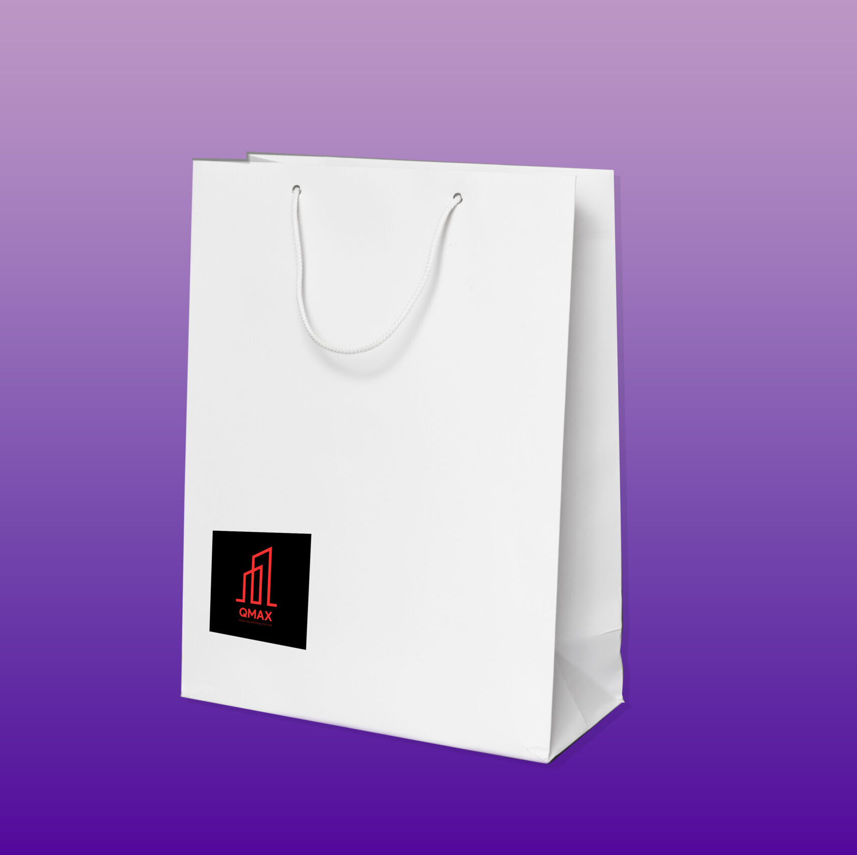 Mockup of white shopping bag isolated over dark grey paper background. side view